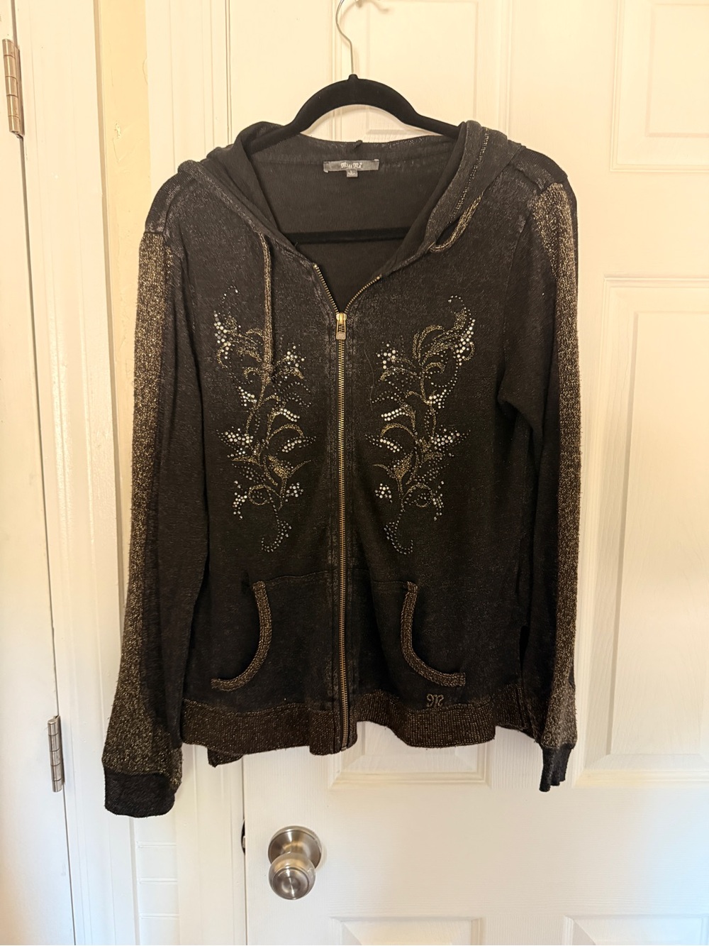 Miss Me Black Hoodie with Gold Zipper Detail - Picture 1 of 3